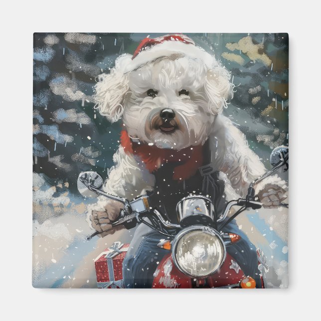 Bichon Frise Dog Riding Motorrad Weihnachten Magnet (Vorne)