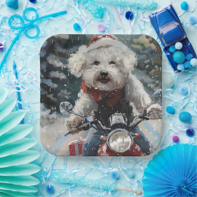 Bichon Frise Dog Riding Motorrad Weihnachten Pappteller (Party)