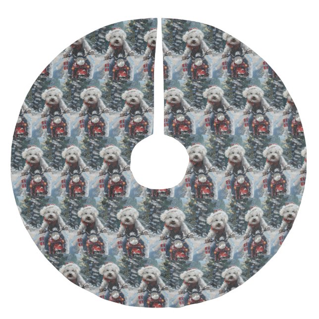 Bichon Frise Dog Riding Motorrad Weihnachten Polyester Weihnachtsbaumdecke (Vorderseite)