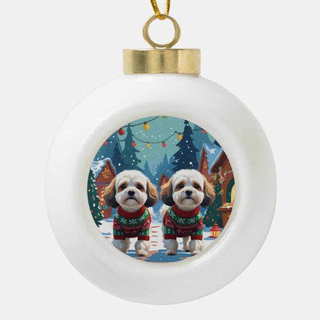 Bichon Frise Dogs Christmas Snow Holiday Keramik Kugel-Ornament (Vorderseite)