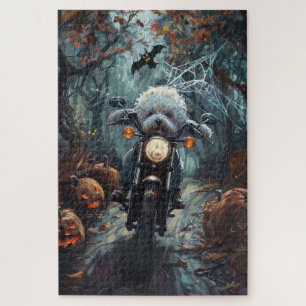 Bichon Frise fährt Motorrad Halloween Gruselig
