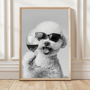 Bichon Frise hält Wein Wandkunst, Schwarz und Weiß Poster