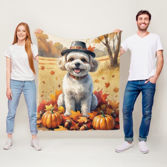 Bichon Frise Herbst lässt Erntedank Art Fleecedecke (Beispiel)