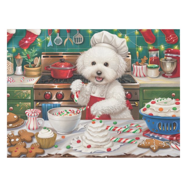 Bichon Frise Holiday Baking: Festliche Weihnachten Tischdecke (Vorderseite (Horizontal))