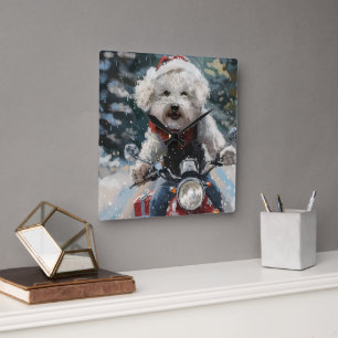 Bichon Frise Hund fährt Motorrad Weihnachten Quadratische Wanduhr