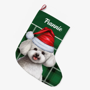 Bichon Frise Hund Holiday Green Kariert Hund Name Großer Weihnachtsstrumpf