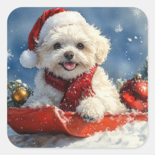 Bichon Frise Hund im Schlitten Lass es schneien We Quadratischer Aufkleber