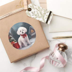Bichon Frise Hund im Schnee Weihnachten Runder Aufkleber