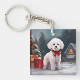 Bichon Frise Hund im Schnee Weihnachten Schlüsselanhänger