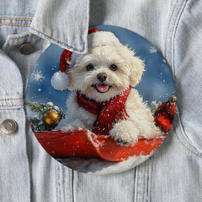 Bichon Frise Hund in Sledge Let it Schnee Weihnach Button (Beispiel)