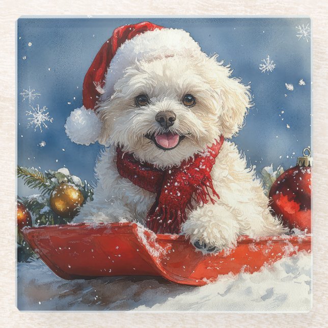 Bichon Frise Hund in Sledge Let it Schnee Weihnach Glasuntersetzer (Vorderseite)