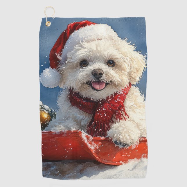 Bichon Frise Hund in Sledge Let it Schnee Weihnach Golfhandtuch (Vorderseite)