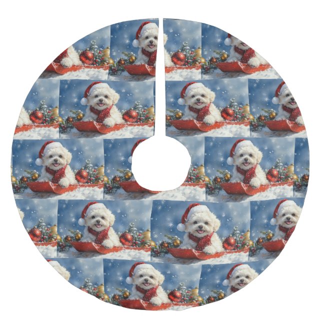 Bichon Frise Hund in Sledge Let it Schnee Weihnach Polyester Weihnachtsbaumdecke (Vorderseite)