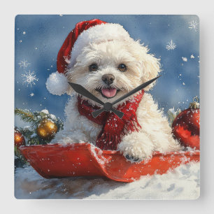 Bichon Frise Hund in Sledge Let it Schnee Weihnach Quadratische Wanduhr