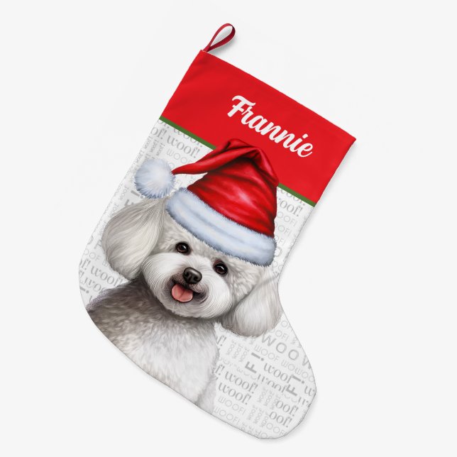 Bichon Frise Hund mit Hundename Großer Weihnachtsstrumpf (Vorderansicht (hängend))