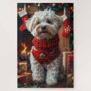 Bichon Frise Hund mit Weihnachtsgeschenken Kamin
