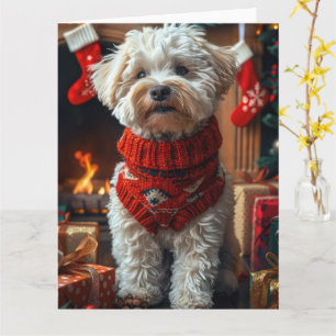 Bichon Frise-Hund mit Weihnachtsgeschenken Kamin Karte