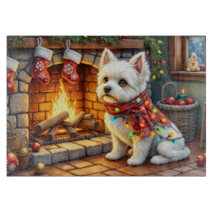 Bichon Frise Kamin mit Weihnachtslichtern Schneidebrett