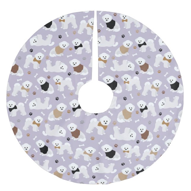 Bichon Frise Knochen und Paare Lila Polyester Weihnachtsbaumdecke (Vorderseite)