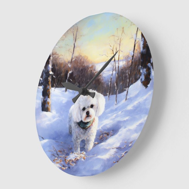 Bichon Frise lässt es Weihnachten schnee Große Wanduhr (Winkel)
