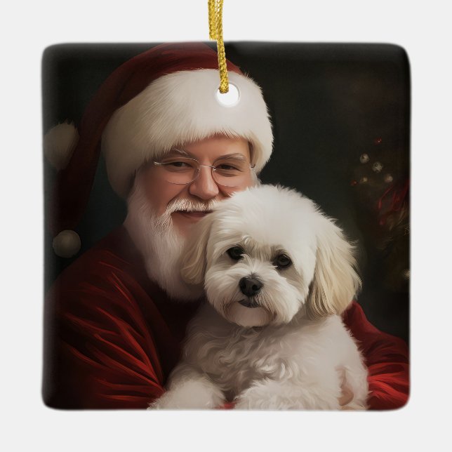 Bichon Frise mit dem Weihnachtsmann Weihnachten Keramikornament (Vorderseite)