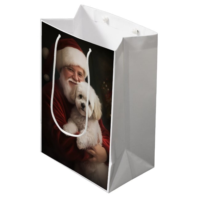 Bichon Frise mit dem Weihnachtsmann Weihnachten Mittlere Geschenktüte (Vorderseite Schrägansicht)