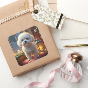 Bichon Frise mit Weihnachtsbeleuchtung Urlaub Quadratischer Aufkleber