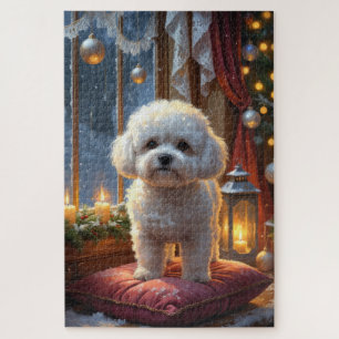 Bichon Frise mit Weihnachtslichtern Feiertag