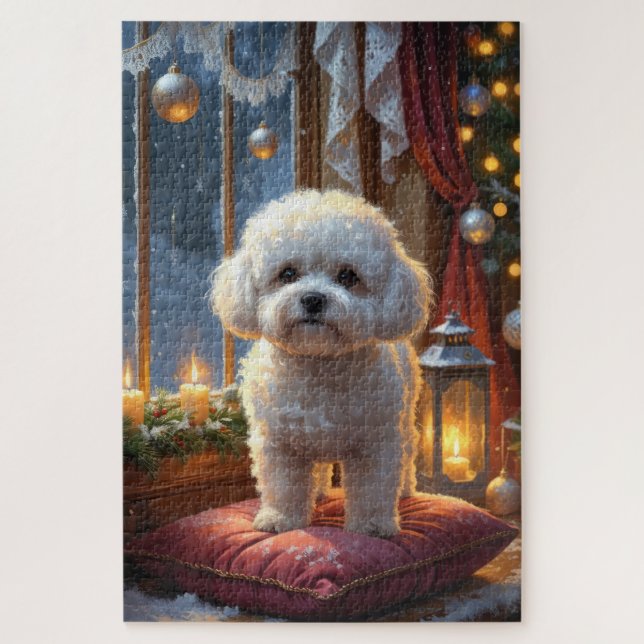 Bichon Frise mit Weihnachtslichtern Feiertag (Vertikal)
