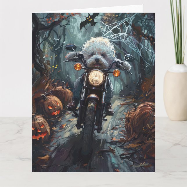 Bichon Frise Riding Motorrad Halloween Beängstigen Karte (Vorderseite)
