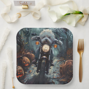 Bichon Frise Riding Motorrad Halloween Beängstigen Pappteller