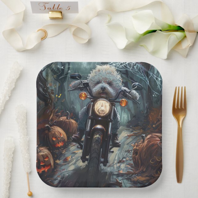 Bichon Frise Riding Motorrad Halloween Beängstigen Pappteller (Hochzeit)