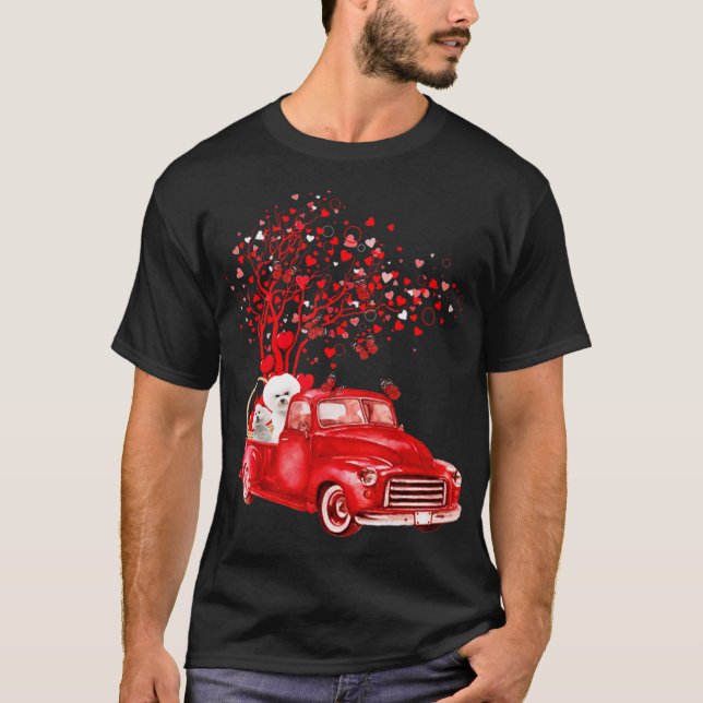 Bichon Frise Riding Red Truck Valentine Butterfly T-Shirt (Vorderseite)