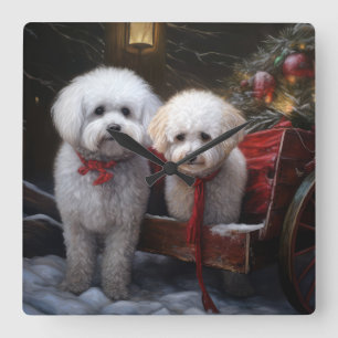 Bichon Frise Schneeschlitten Weihnachtsdekoration Quadratische Wanduhr