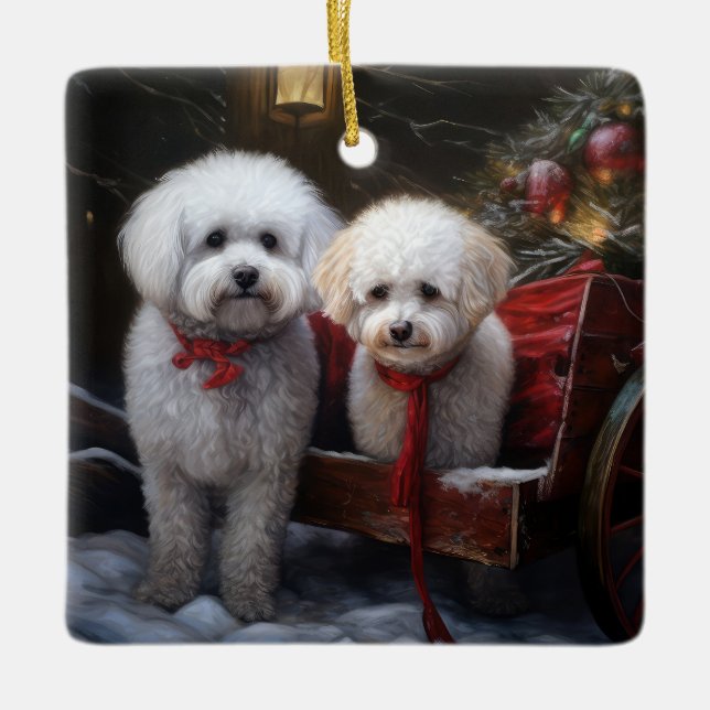 Bichon Frise Snowy Sleigh Weihnachtsdekor Keramikornament (Vorderseite)