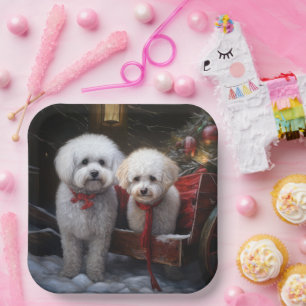 Bichon Frise Snowy Sleigh Weihnachtsdekor Pappteller