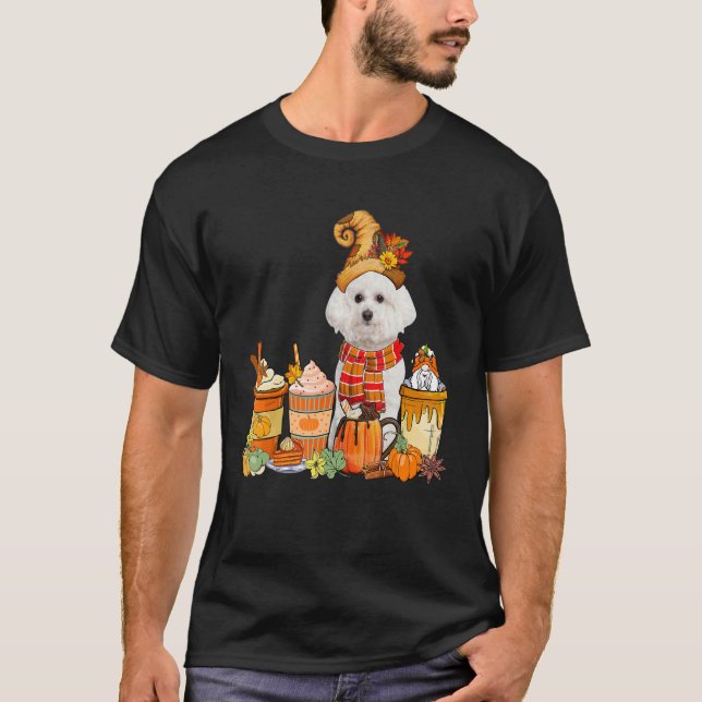 Bichon Frise Wearing Hat With Coffee Cups Fall Pum T-Shirt (Vorderseite)
