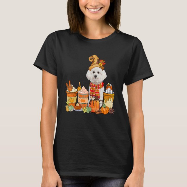 Bichon Frise Wearing Hat With Coffee Cups Fall Pum T-Shirt (Vorderseite)