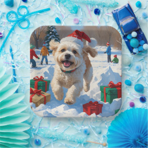 Bichon Frise Weihnachtsfest Schnee Szene Pappteller