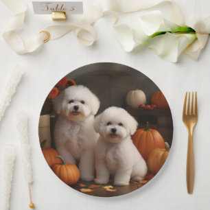 Bichon Frise Welpe Herbstvergnügen Kürbis Pappteller