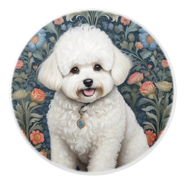 Bichon Frisé William Morris Inspired Floral Keramikknauf (Vorderseite)