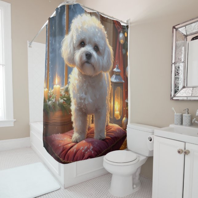 Bichon Frise With Christmas Lights Holiday Duschvorhang (Beispiel)