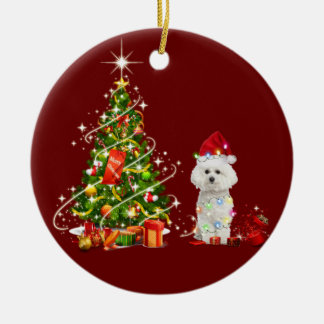 Bichon frise With Hat Scaft Christmas Keramik Ornament