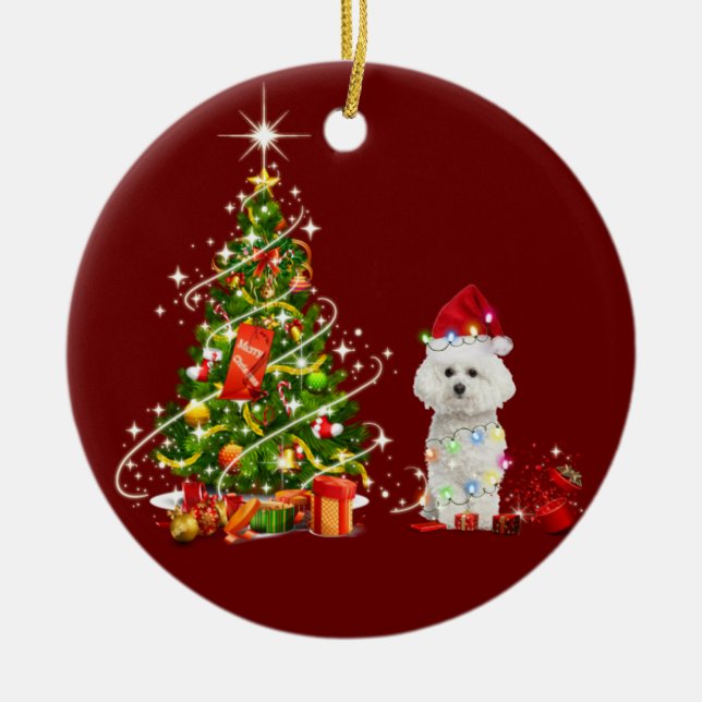 Bichon frise With Hat Scaft Christmas Keramik Ornament (Vorne)