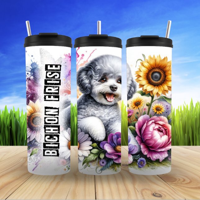 Bichon Frise's farbenfrohe Blumenfreude Thermosbecher (Von Creator hochgeladen)