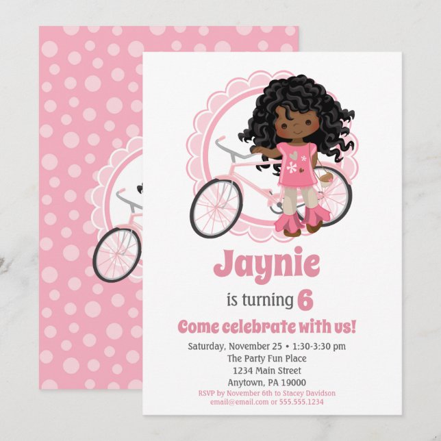 Bicycle Girl Birthday Einladung Afrikanischer Amer (Vorne/Hinten)