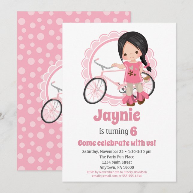 Bicycle Girl Birthday Einladung - Schwarzes Haar (Vorne/Hinten)