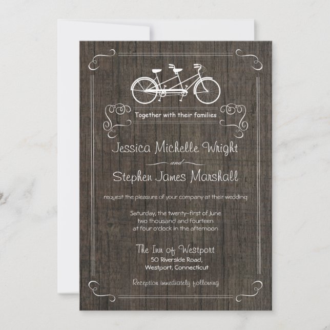 Bicyclette pour deux invitations en bois rustiques (Devant)