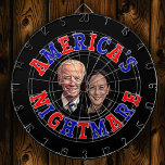 Biden Harris Cartoon AMERICA'S NIGHTMARE   Dartscheibe<br><div class="desc">Caricature cartoon of Joe Biden and Kamala Harris centered between the wording AMERICA'S NIGHTMARE.  Lettering alternates between red and blue.  Design is shown on a black background which you can change to any color you prefer.</div>