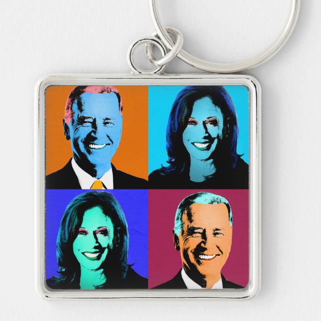 Biden Harris Pop Art (Orange, Blau, Lila, Rot) Schlüsselanhänger (Vorne)